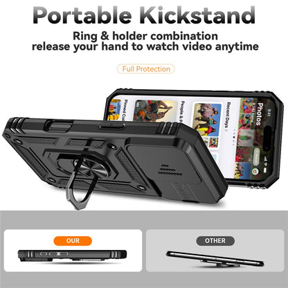 For iPhone 16 Pro Max Case Ring Kickstand Slide Camera Lid PC+TPU Phone Cover