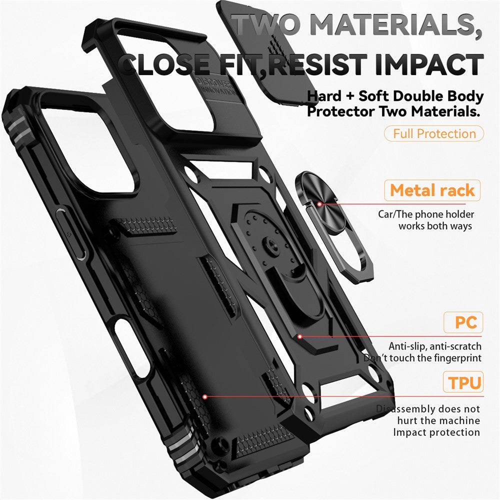 For iPhone 16 Pro Max Case Ring Kickstand Slide Camera Lid PC+TPU Phone Cover