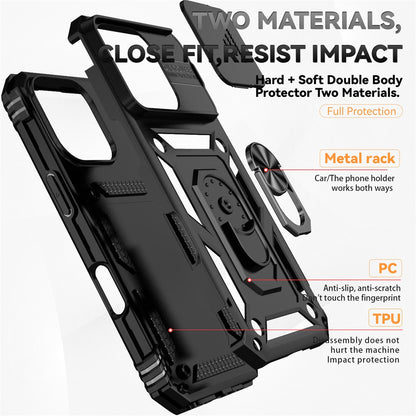 For iPhone 16 Pro Max Case Ring Kickstand Slide Camera Lid PC+TPU Phone Cover