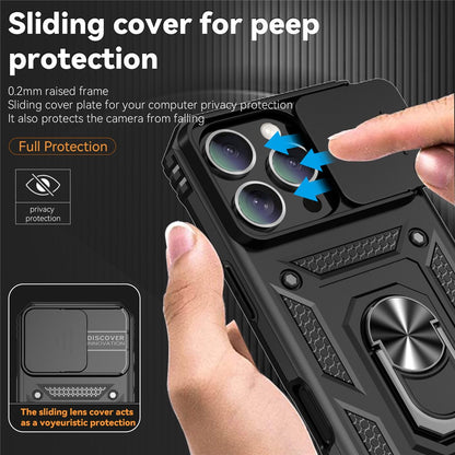 For iPhone 16 Pro Max Case Ring Kickstand Slide Camera Lid PC+TPU Phone Cover