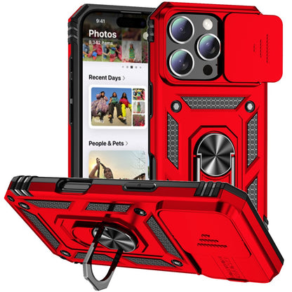 For iPhone 16 Pro Max Case Ring Kickstand Slide Camera Lid PC+TPU Phone Cover