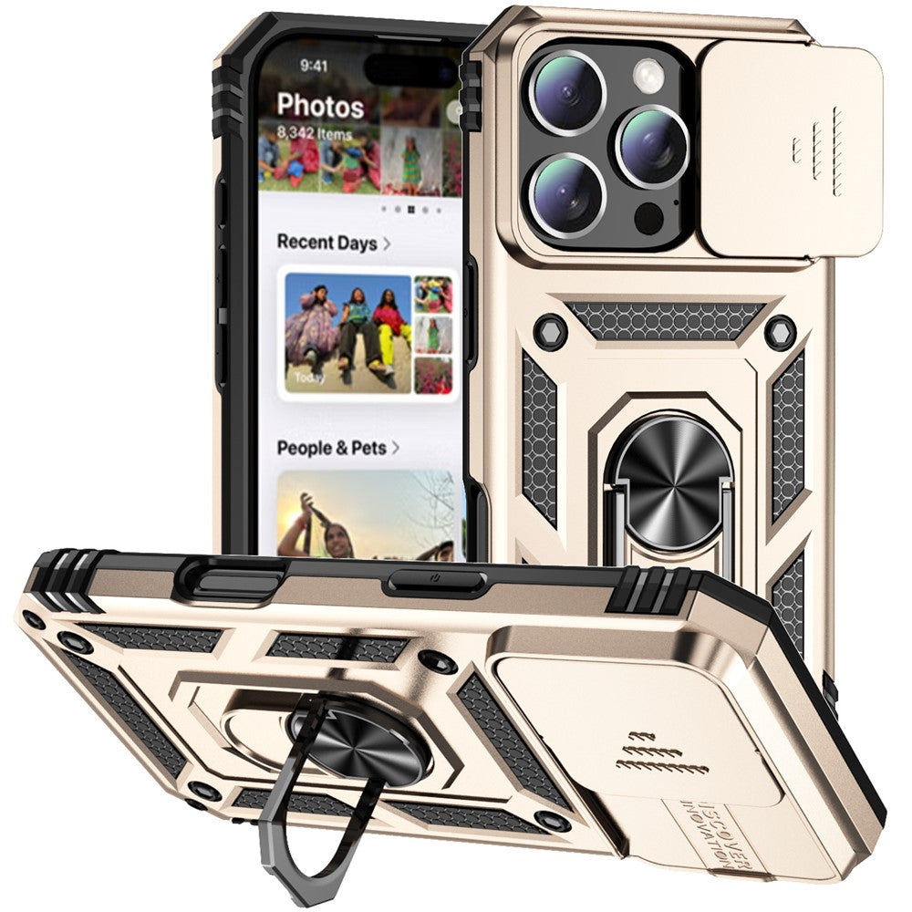 For iPhone 16 Pro Max Case Ring Kickstand Slide Camera Lid PC+TPU Phone Cover