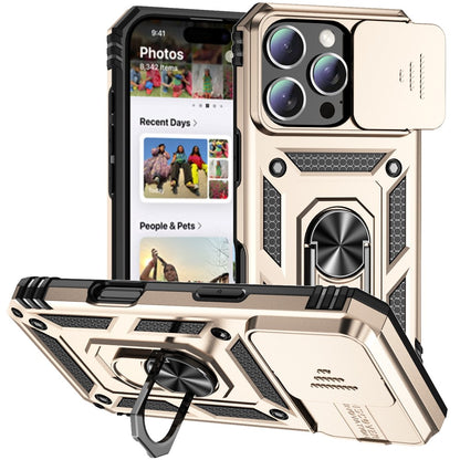 For iPhone 16 Pro Max Case Ring Kickstand Slide Camera Lid PC+TPU Phone Cover