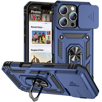 For iPhone 16 Pro Max Case Ring Kickstand Slide Camera Lid PC+TPU Phone Cover