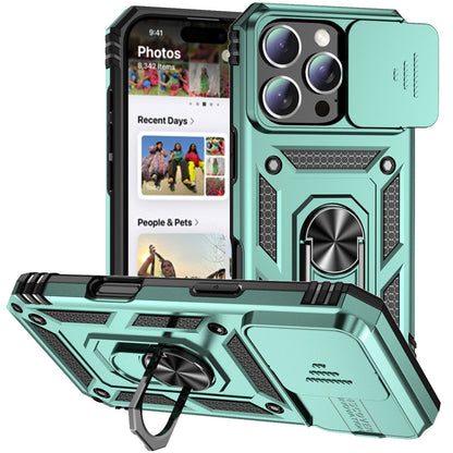 For iPhone 16 Pro Max Case Ring Kickstand Slide Camera Lid PC+TPU Phone Cover