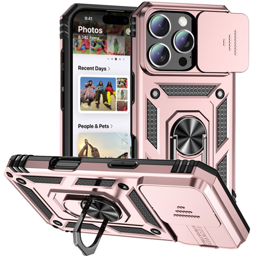 For iPhone 16 Pro Max Case Ring Kickstand Slide Camera Lid PC+TPU Phone Cover
