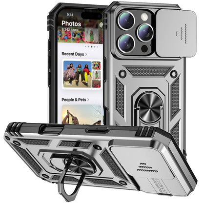For iPhone 16 Pro Max Case Ring Kickstand Slide Camera Lid PC+TPU Phone Cover