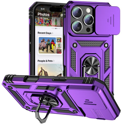 For iPhone 16 Pro Max Case Ring Kickstand Slide Camera Lid PC+TPU Phone Cover