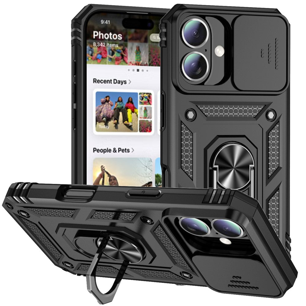 For iPhone 16 Case Ring Holder Kickstand Camshield PC+TPU Phone Cover