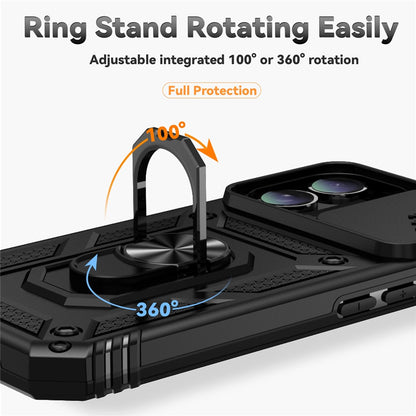 For iPhone 16 Case Ring Holder Kickstand Camshield PC+TPU Phone Cover
