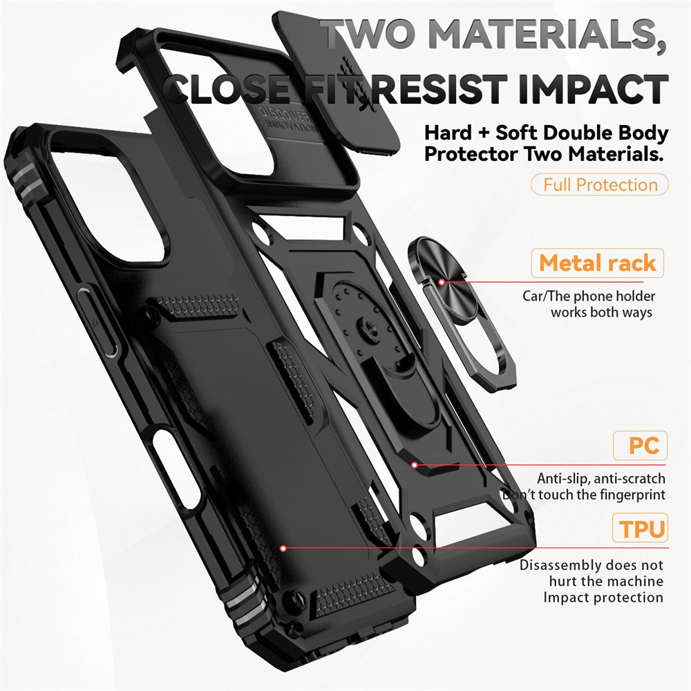 For iPhone 16 Case Ring Holder Kickstand Camshield PC+TPU Phone Cover