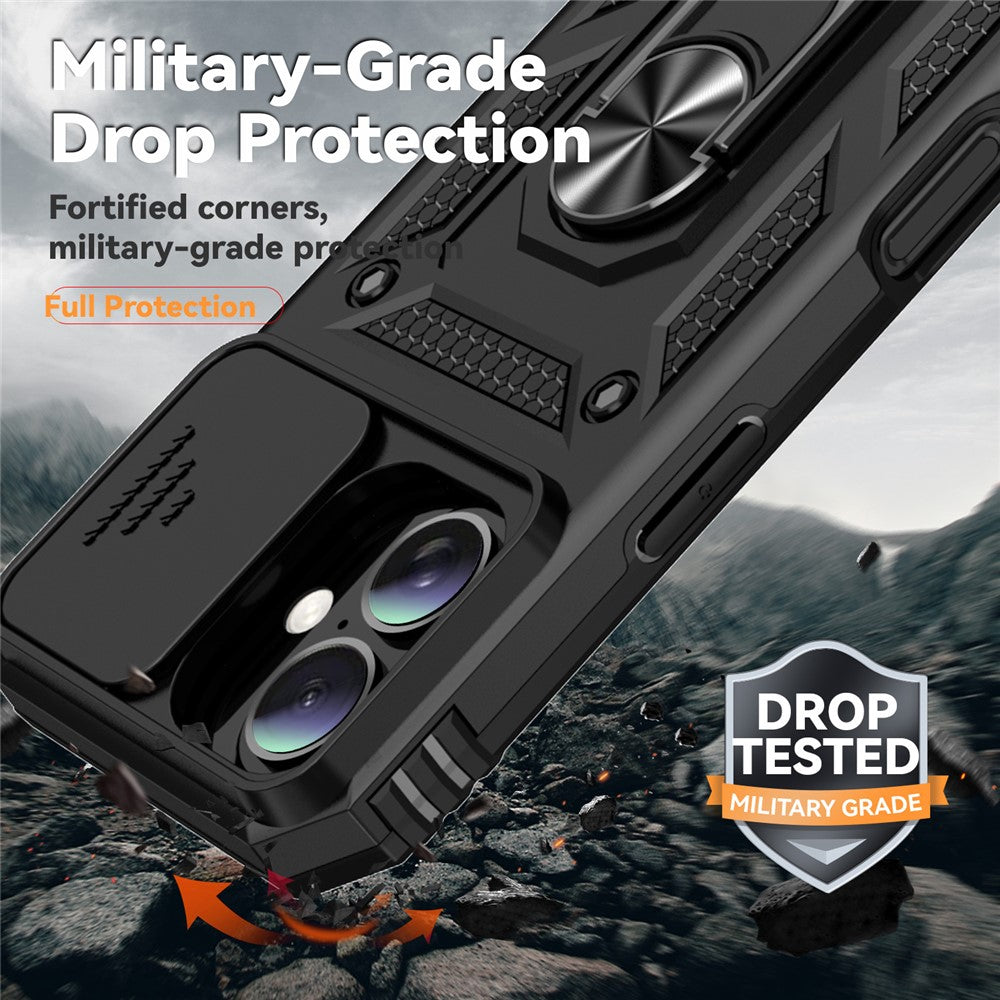 For iPhone 16 Case Ring Holder Kickstand Camshield PC+TPU Phone Cover