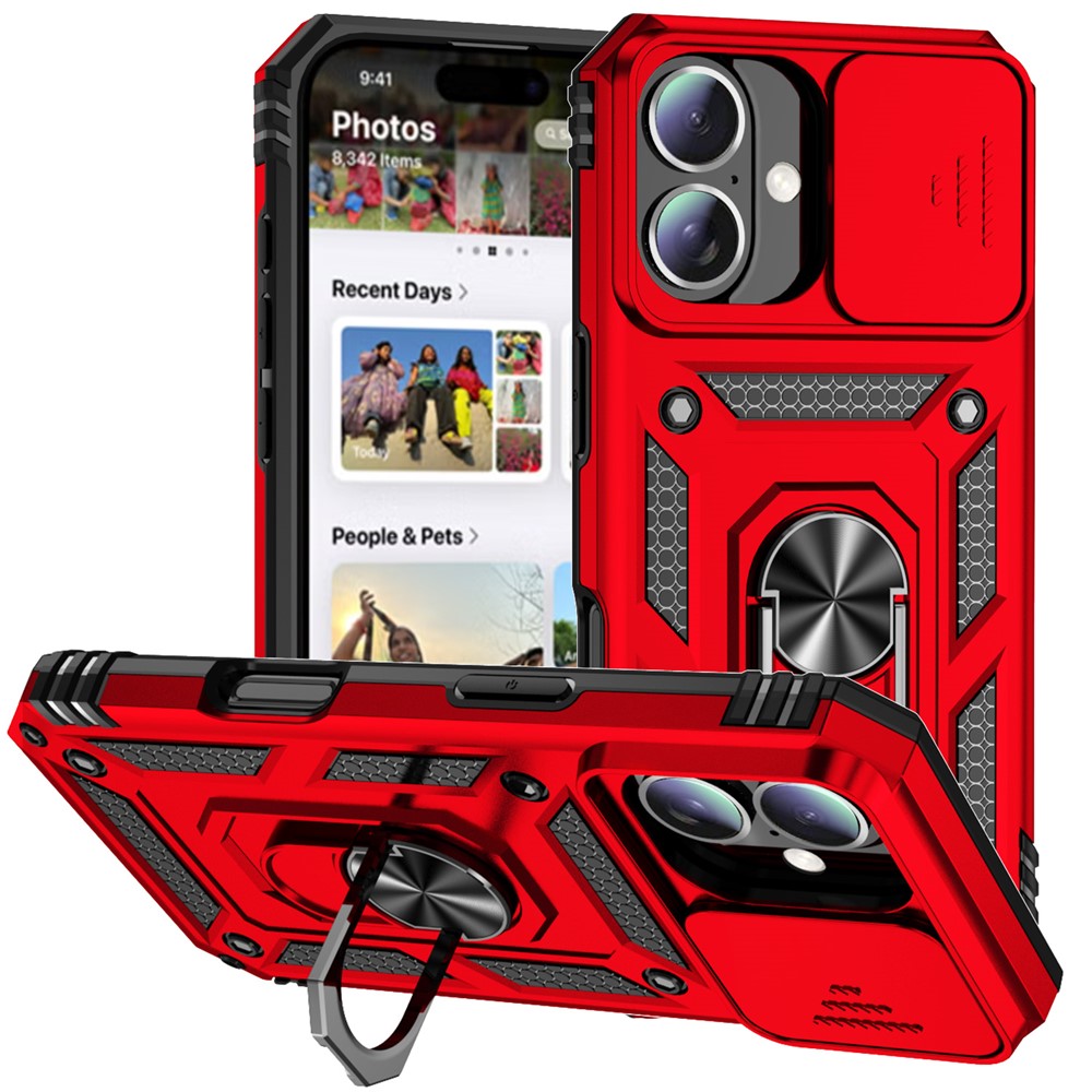For iPhone 16 Case Ring Holder Kickstand Camshield PC+TPU Phone Cover