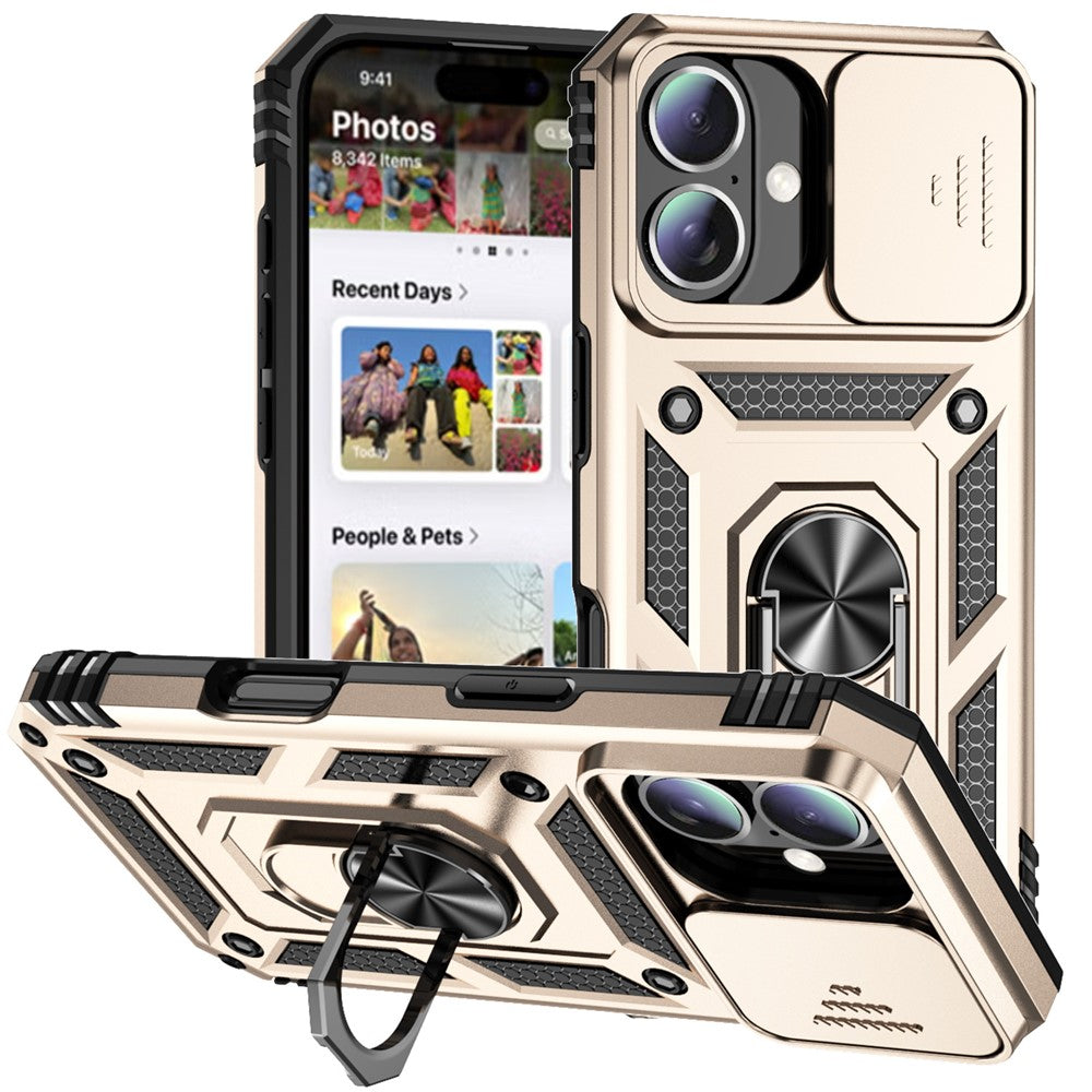 For iPhone 16 Case Ring Holder Kickstand Camshield PC+TPU Phone Cover