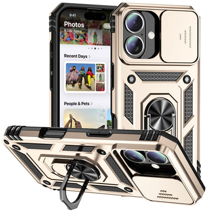 For iPhone 16 Case Ring Holder Kickstand Camshield PC+TPU Phone Cover