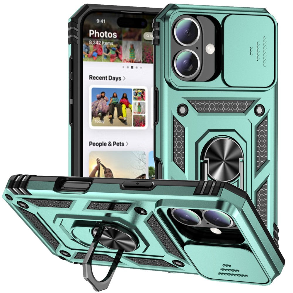 For iPhone 16 Case Ring Holder Kickstand Camshield PC+TPU Phone Cover