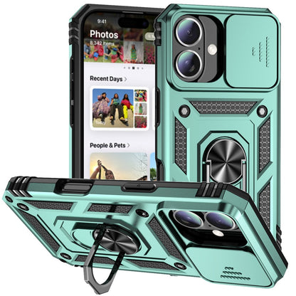 For iPhone 16 Case Ring Holder Kickstand Camshield PC+TPU Phone Cover