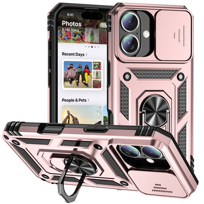For iPhone 16 Case Ring Holder Kickstand Camshield PC+TPU Phone Cover