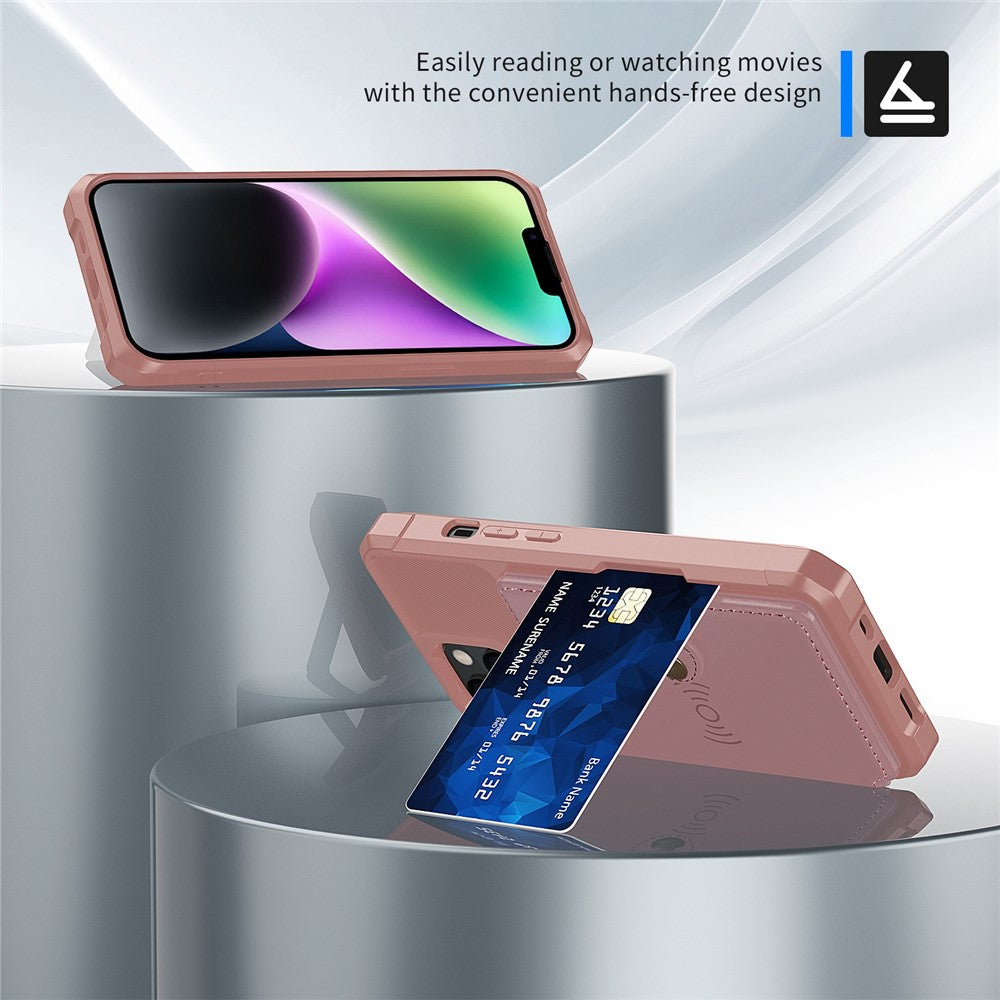 ZM03 Phone Case Kickstand for iPhone 14 Plus, Wallet Card Holder Drop-proof Phone Back Cover with Magnetic Metal Sheet