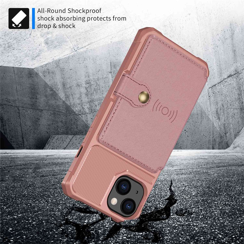 ZM03 Phone Case Kickstand for iPhone 14 Plus, Wallet Card Holder Drop-proof Phone Back Cover with Magnetic Metal Sheet