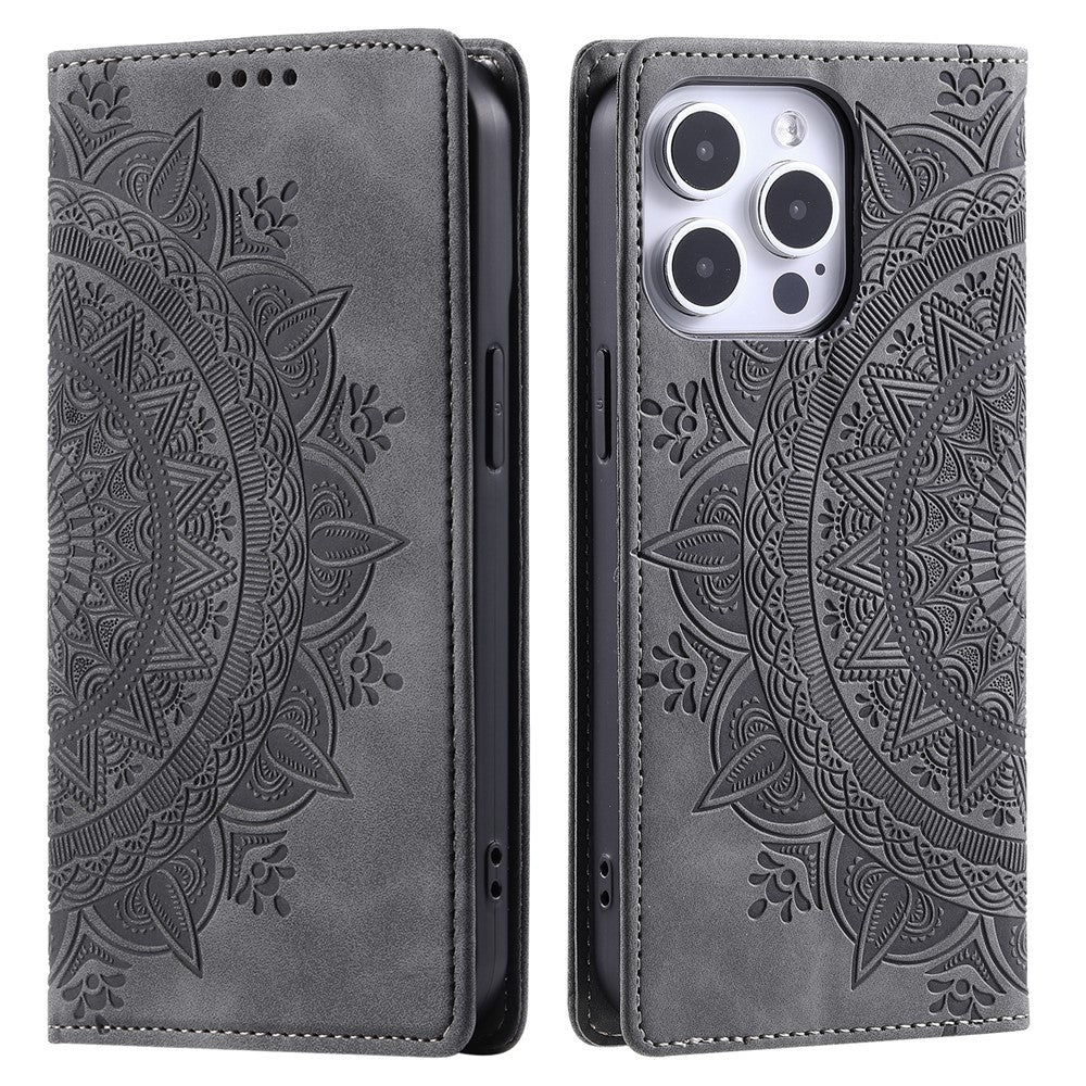 For iPhone 16 Pro Max Case Imprinted Mandala Leather Magnetic Closure Phone Cover