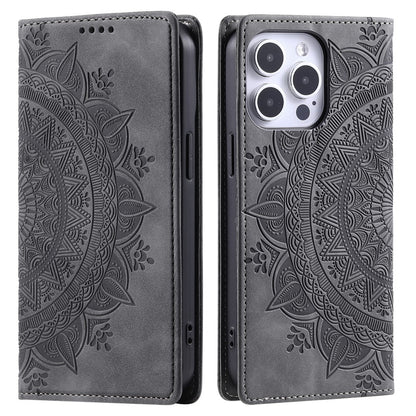 For iPhone 16 Pro Max Case Imprinted Mandala Leather Magnetic Closure Phone Cover