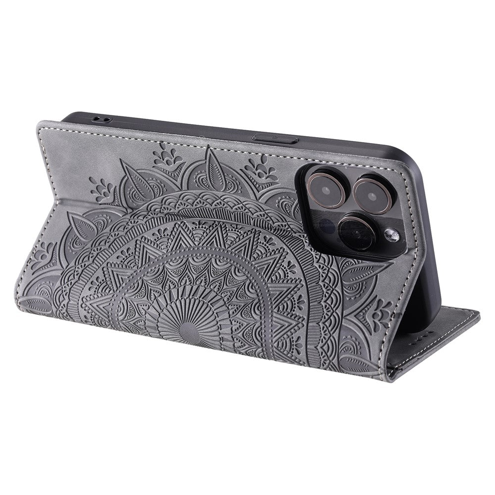 For iPhone 16 Pro Max Case Imprinted Mandala Leather Magnetic Closure Phone Cover