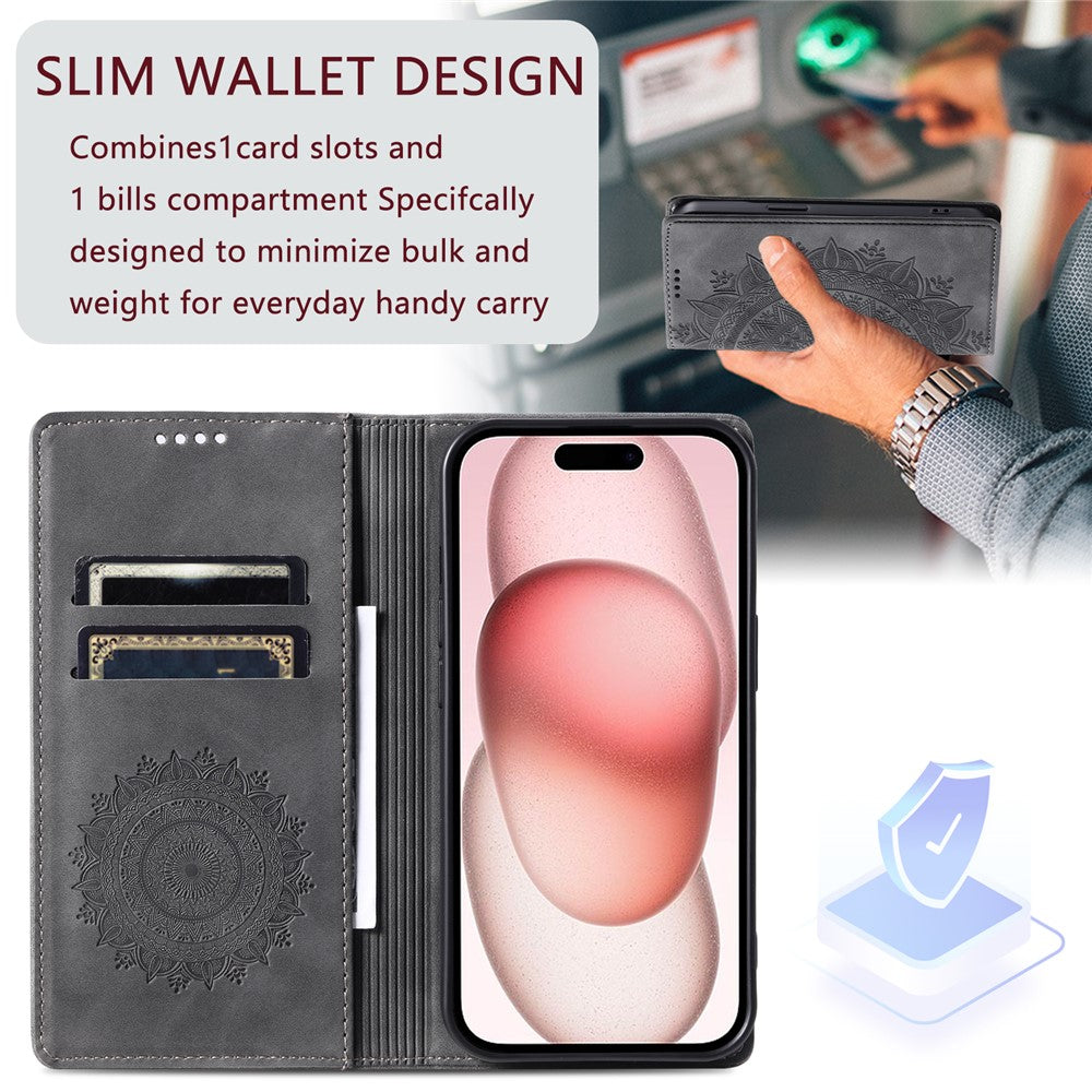 For iPhone 16 Pro Max Case Imprinted Mandala Leather Magnetic Closure Phone Cover