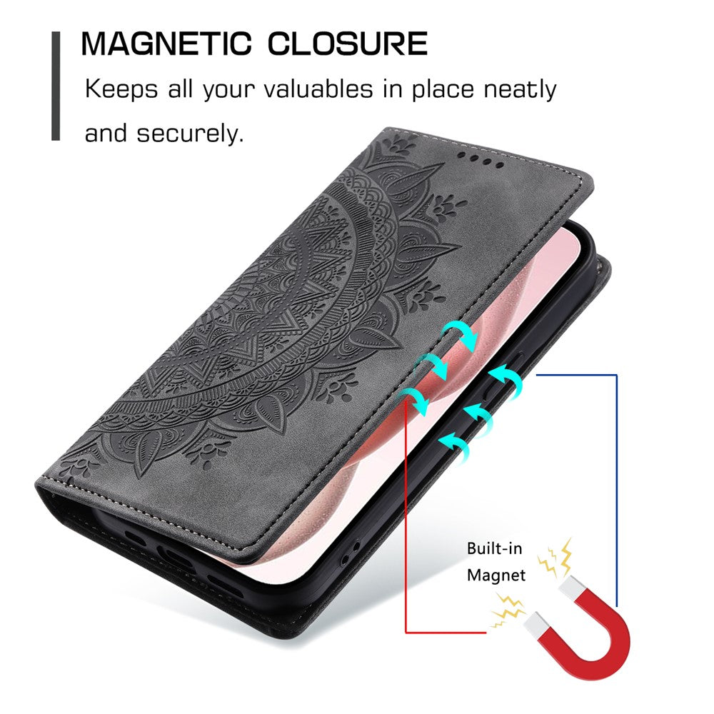 For iPhone 16 Pro Max Case Imprinted Mandala Leather Magnetic Closure Phone Cover
