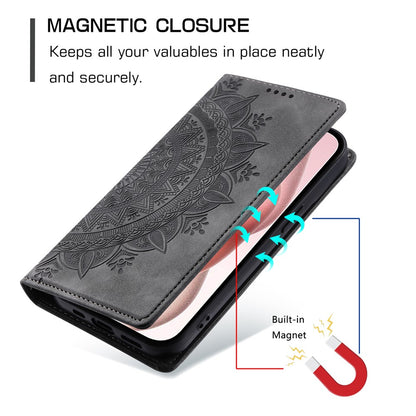 For iPhone 16 Pro Max Case Imprinted Mandala Leather Magnetic Closure Phone Cover