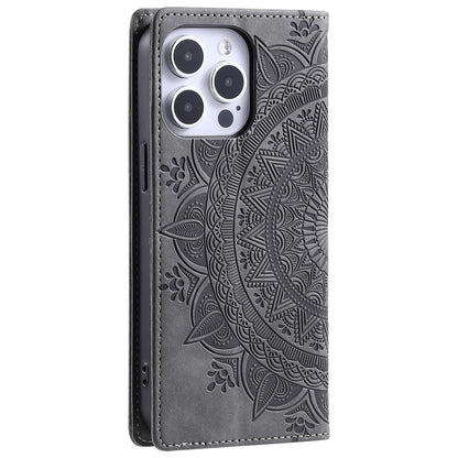 For iPhone 16 Pro Max Case Imprinted Mandala Leather Magnetic Closure Phone Cover