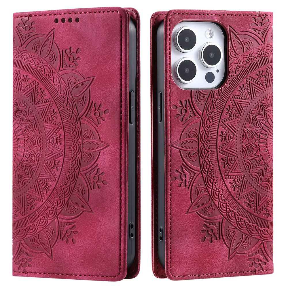 For iPhone 16 Pro Max Case Imprinted Mandala Leather Magnetic Closure Phone Cover