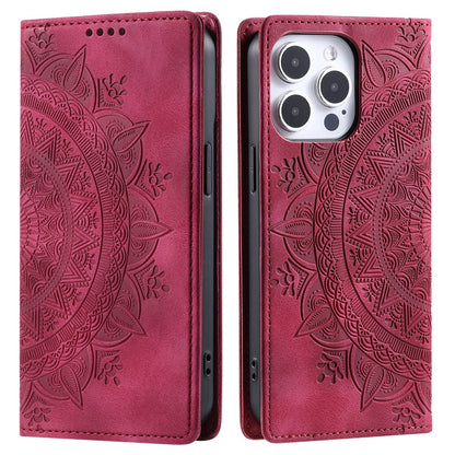 For iPhone 16 Pro Max Case Imprinted Mandala Leather Magnetic Closure Phone Cover