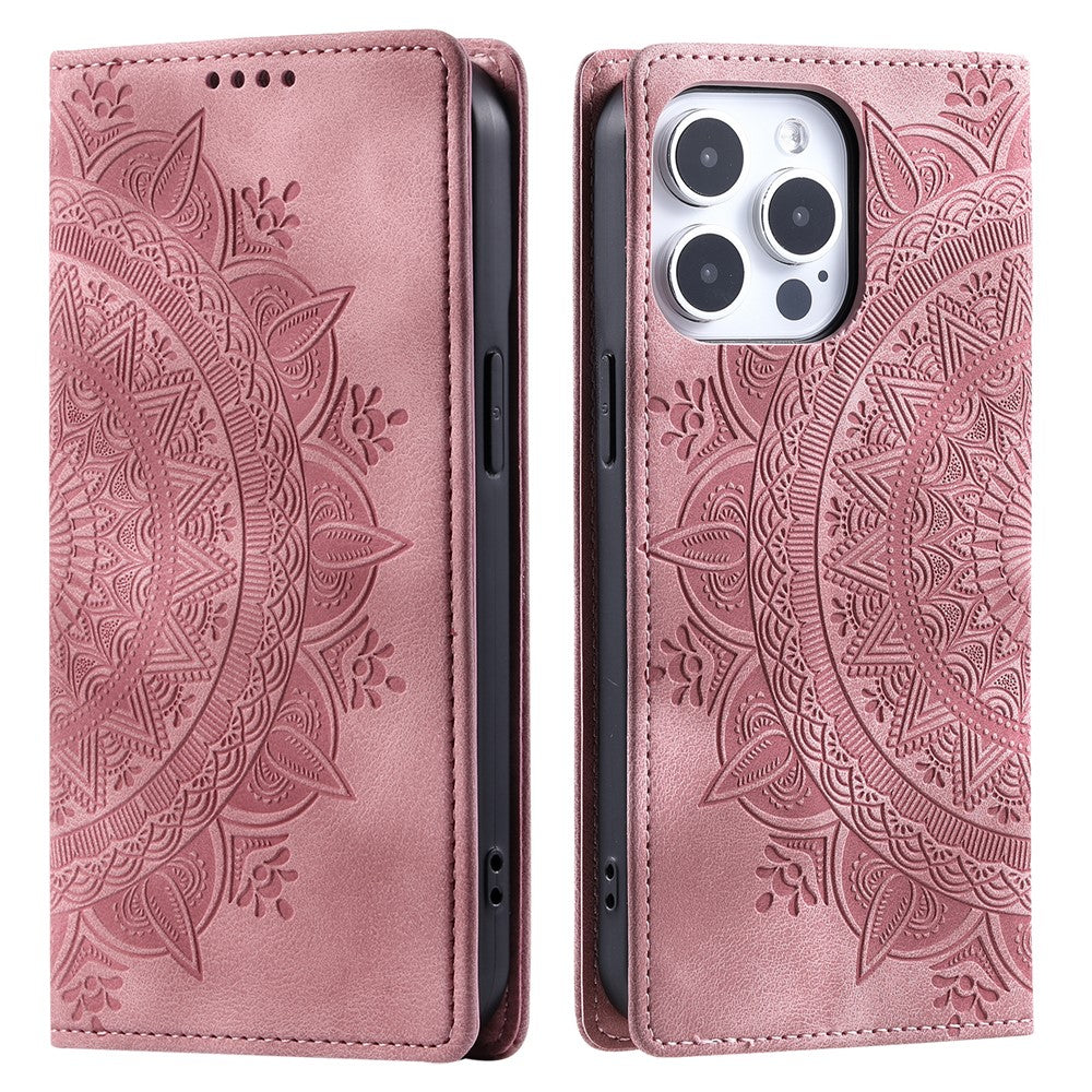 For iPhone 16 Pro Max Case Imprinted Mandala Leather Magnetic Closure Phone Cover