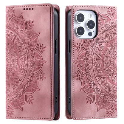 For iPhone 16 Pro Max Case Imprinted Mandala Leather Magnetic Closure Phone Cover