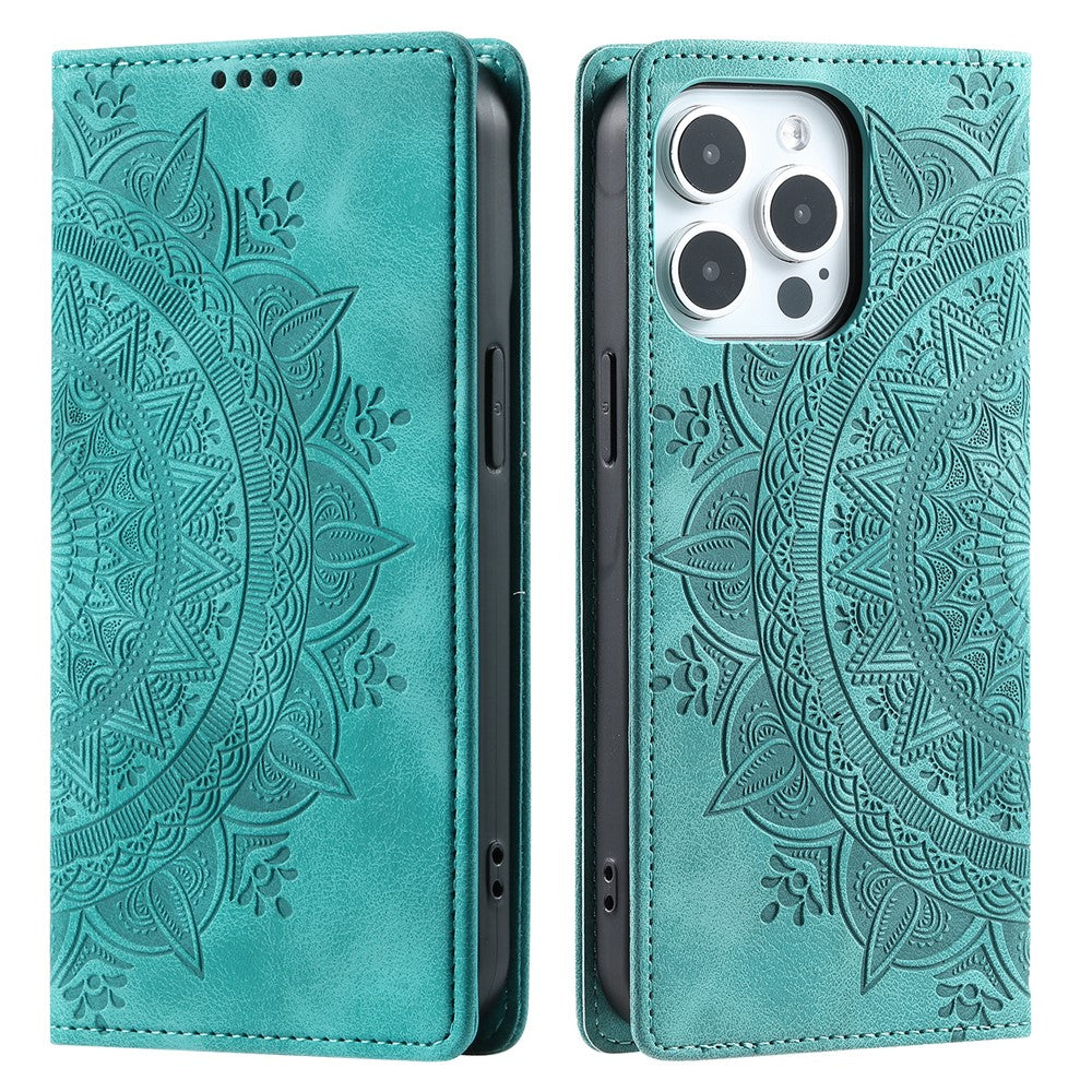 For iPhone 16 Pro Max Case Imprinted Mandala Leather Magnetic Closure Phone Cover