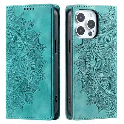 For iPhone 16 Pro Max Case Imprinted Mandala Leather Magnetic Closure Phone Cover