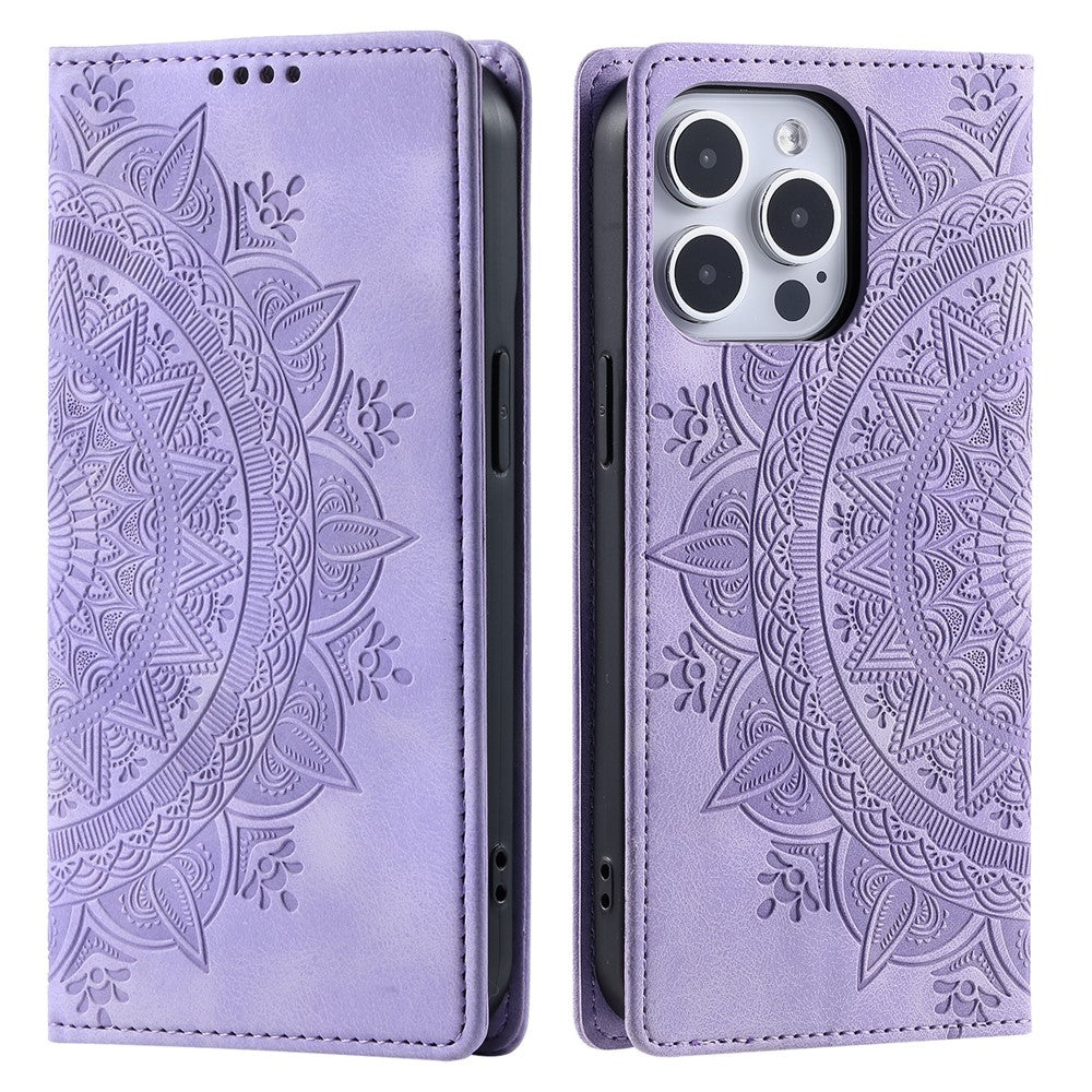For iPhone 16 Pro Max Case Imprinted Mandala Leather Magnetic Closure Phone Cover