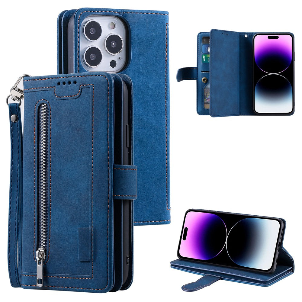 For iPhone 16 Pro Case PU Leather Phone Cover with Zipper Pocket 9 Card Slots