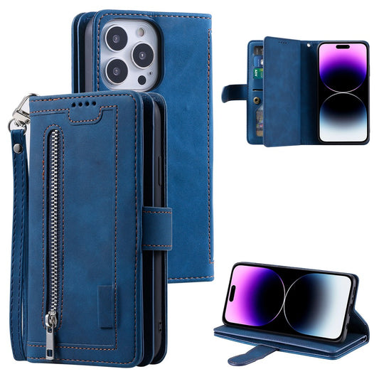 For iPhone 16 Pro Case PU Leather Phone Cover with Zipper Pocket 9 Card Slots