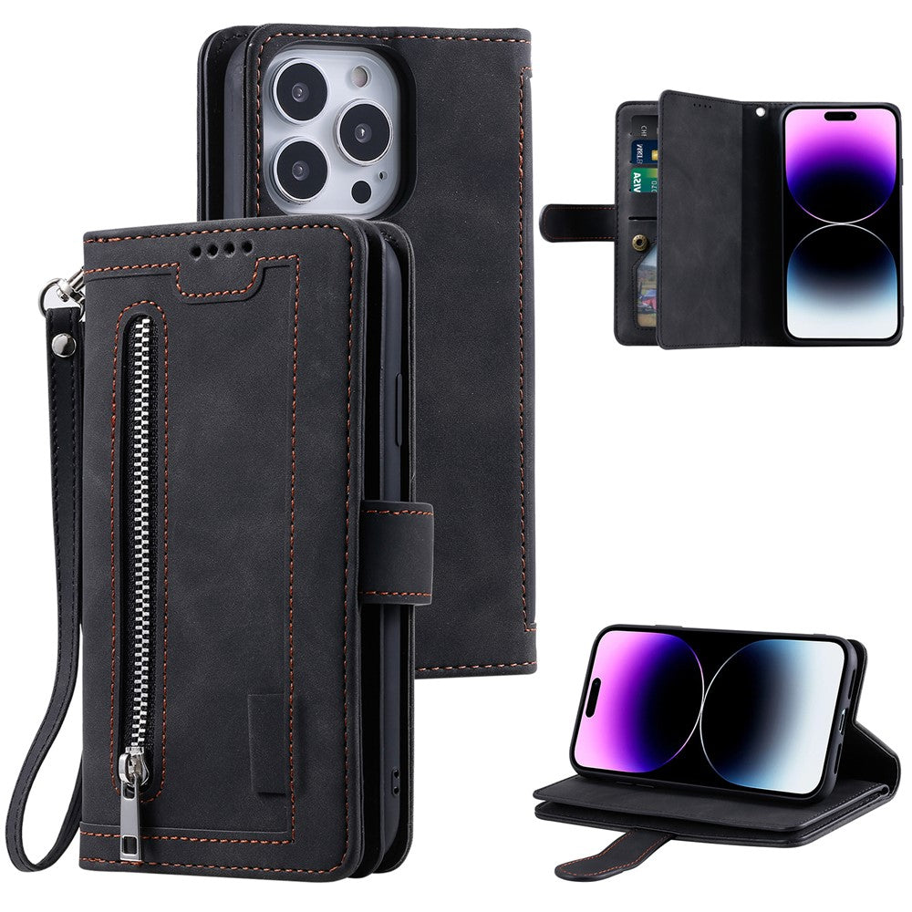 For iPhone 16 Pro Case PU Leather Phone Cover with Zipper Pocket 9 Card Slots