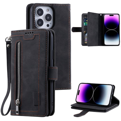 For iPhone 16 Pro Case PU Leather Phone Cover with Zipper Pocket 9 Card Slots