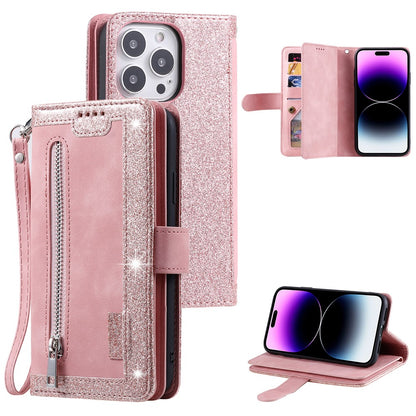 For iPhone 16 Pro Case PU Leather Phone Cover with Zipper Pocket 9 Card Slots