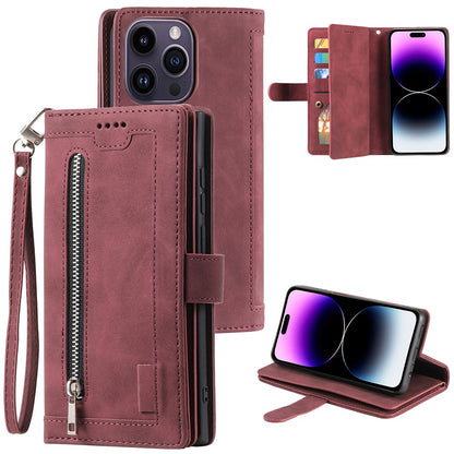 For iPhone 16 Pro Case PU Leather Phone Cover with Zipper Pocket 9 Card Slots
