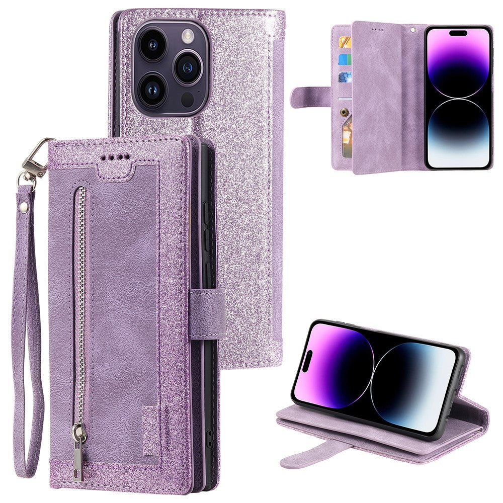 For iPhone 16 Pro Case PU Leather Phone Cover with Zipper Pocket 9 Card Slots