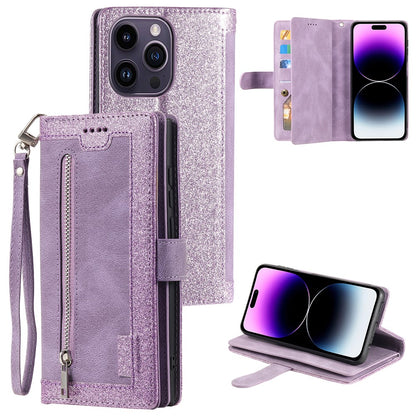 For iPhone 16 Pro Case PU Leather Phone Cover with Zipper Pocket 9 Card Slots