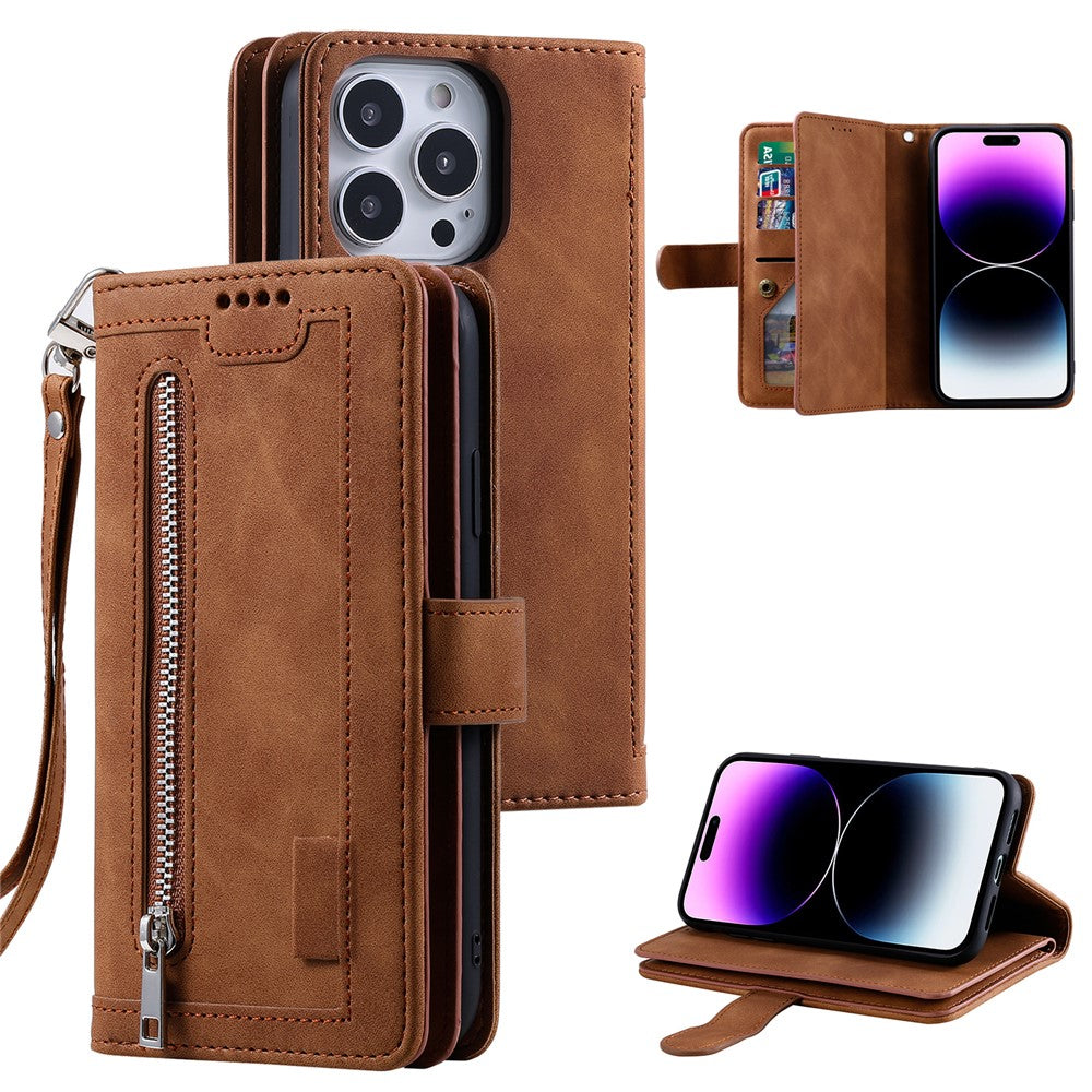 For iPhone 16 Pro Case PU Leather Phone Cover with Zipper Pocket 9 Card Slots