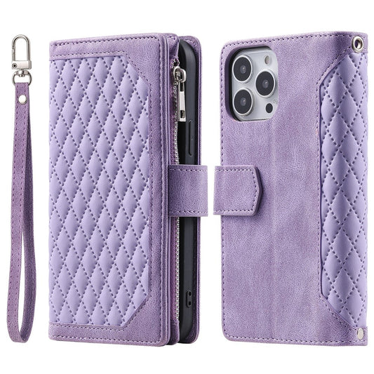 Style 005 For iPhone 16 Pro Max Case Rhombus Stitching Line PU Leather Zipper Wallet Phone Cover