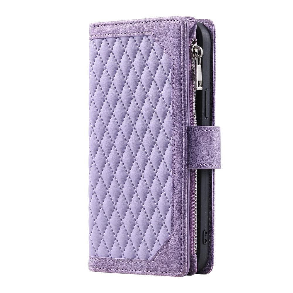 Style 005 For iPhone 16 Pro Max Case Rhombus Stitching Line PU Leather Zipper Wallet Phone Cover