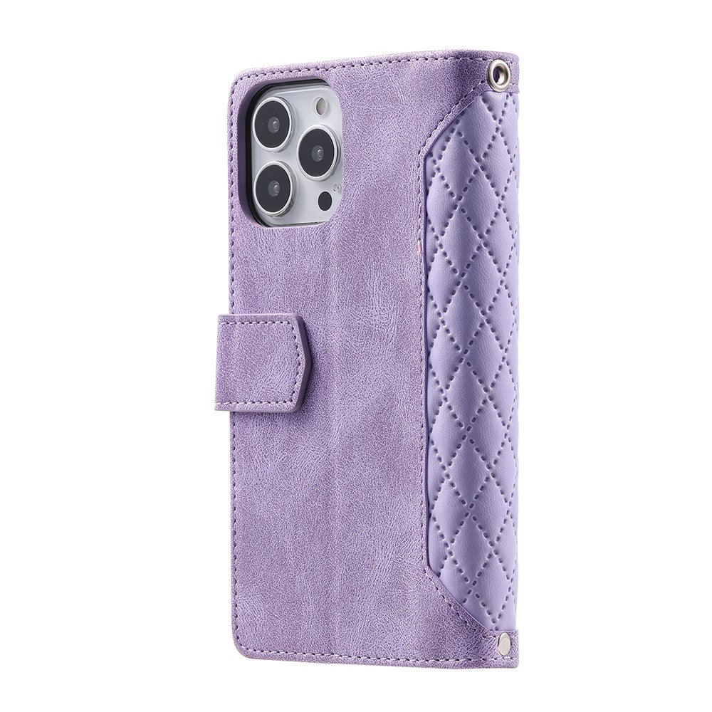 Style 005 For iPhone 16 Pro Max Case Rhombus Stitching Line PU Leather Zipper Wallet Phone Cover